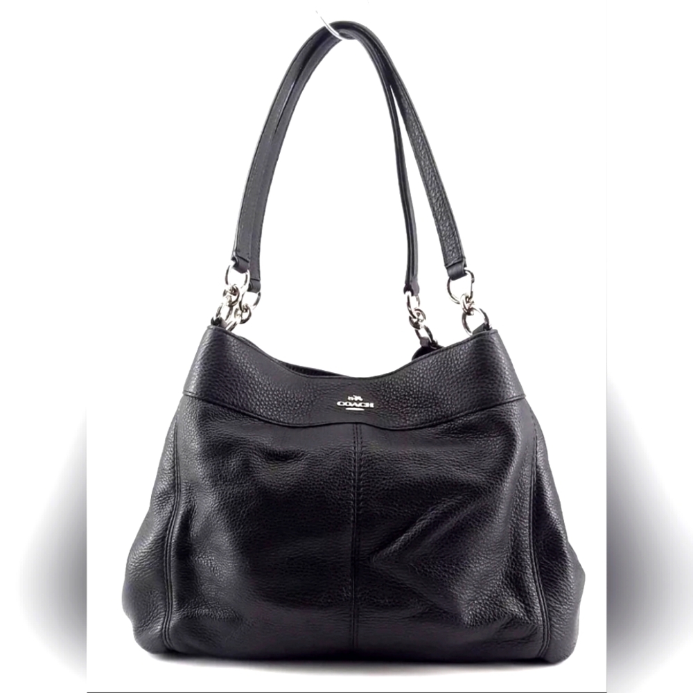 COACH F57545 Lexy Black Pebble Leather Multi Pocket Shoulder Bag Purse